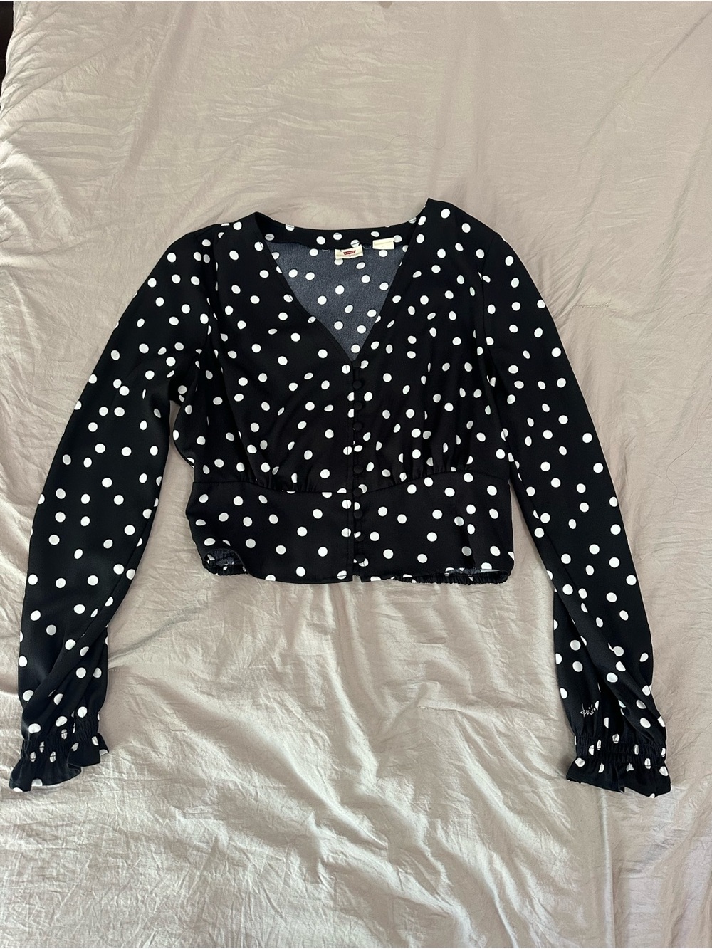 Levi's Black and White Polka Dot V-Neck Button Crop Top